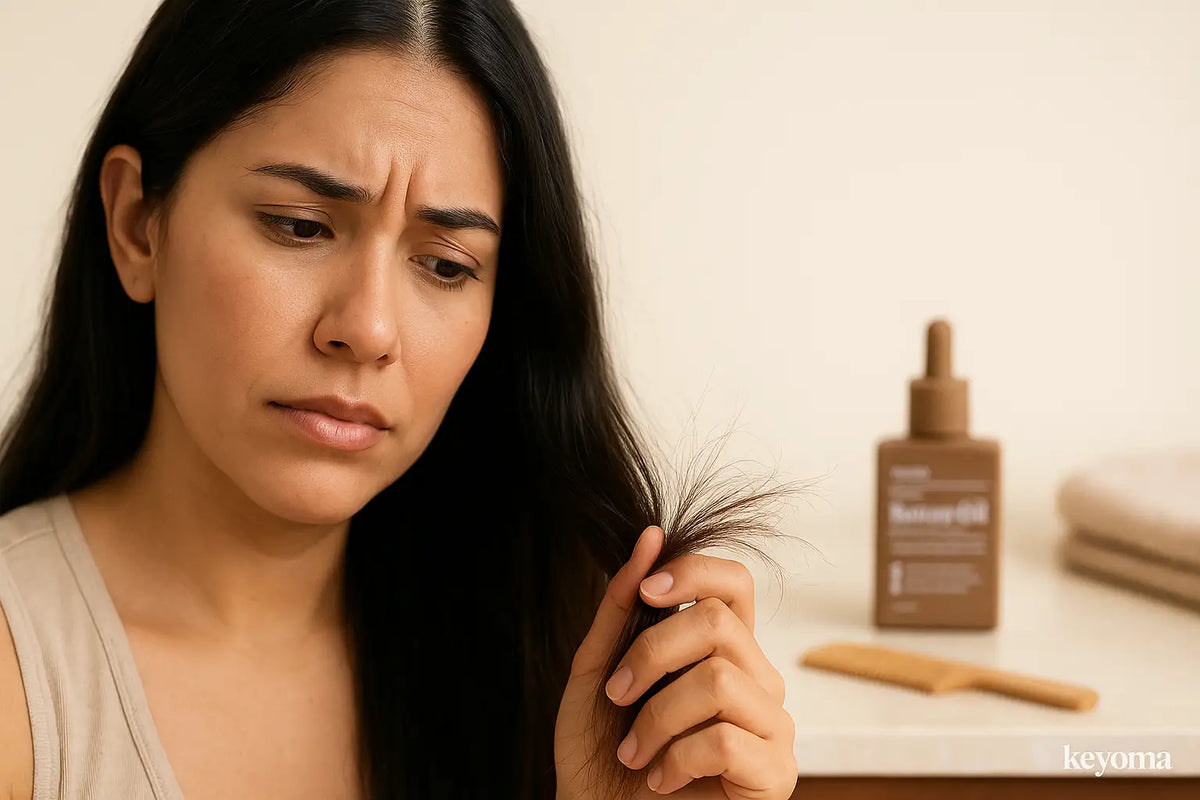 A woman studies her frizzy split ends while a blurred Keyoma batana oil bottle and comb sit on the counter, illustrating concern about hair damage and care options.