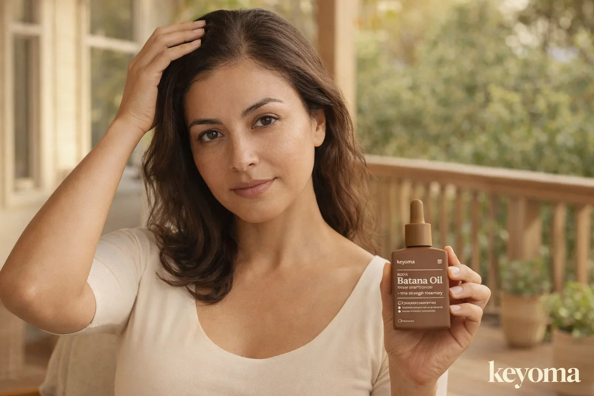 Woman touching her hair beside Keyoma batana oil bottle on bedside table with soft window light.