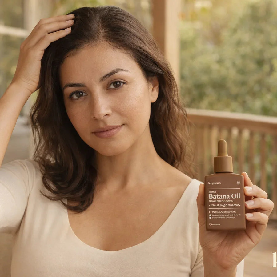 Woman touching her hair beside Keyoma batana oil bottle on bedside table with soft window light.