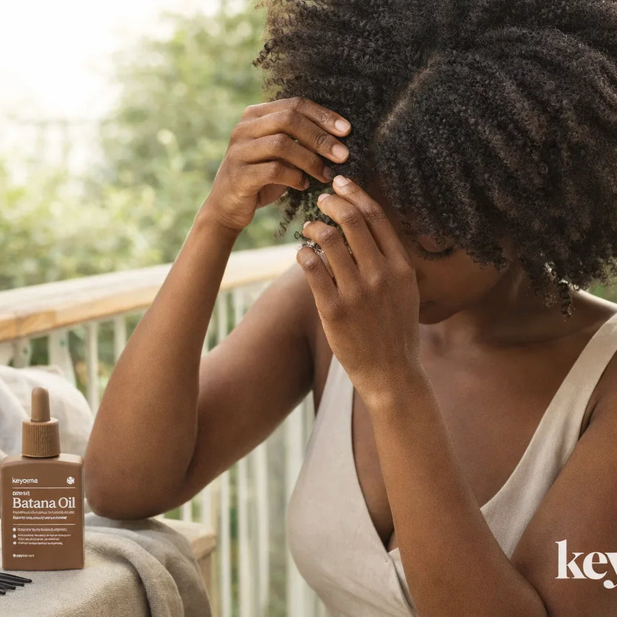 Woman parting 4C hair to check scalp outdoors beside Keyoma batana oil bottle on porch.