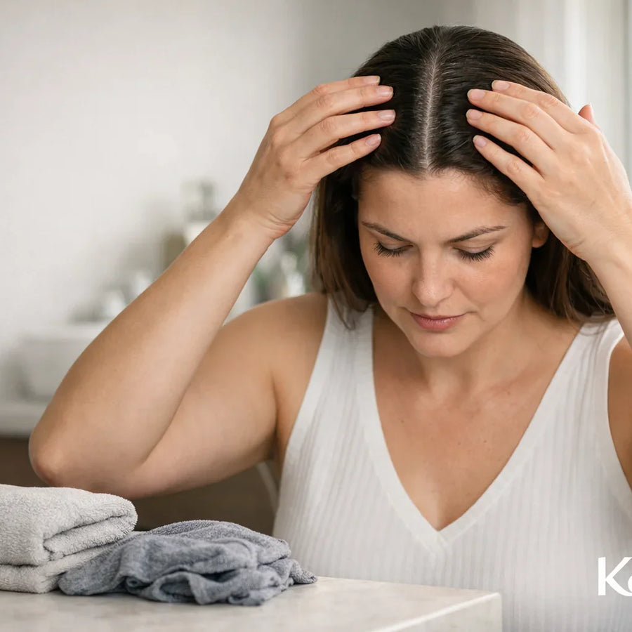 Woman parting her hair at bathroom vanity beside folded towels with Keyoma watermark visible.