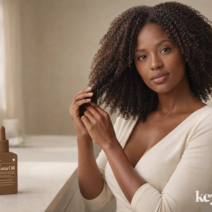 Woman holding curly hair beside a windowlit vanity with a visible Keyoma batana oil bottle.