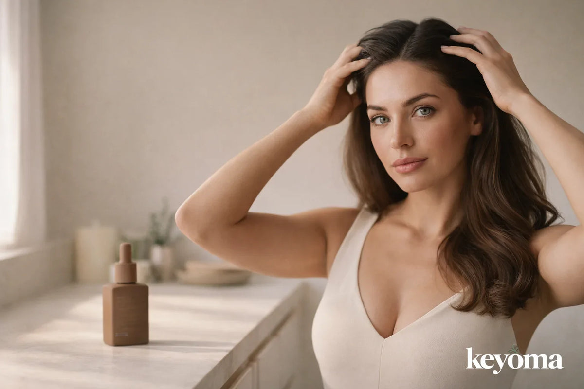 Woman massaging her scalp in a bathroom beside a vanity with a Keyoma oil bottle.
