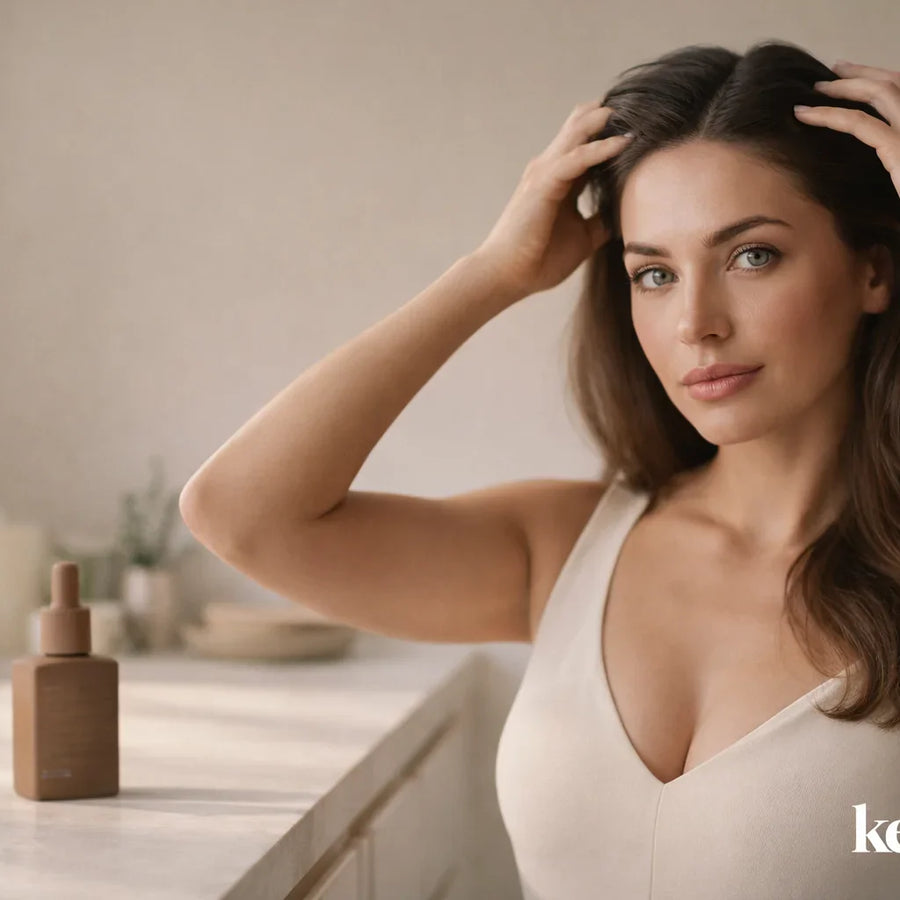 Woman massaging her scalp in a bathroom beside a vanity with a Keyoma oil bottle.