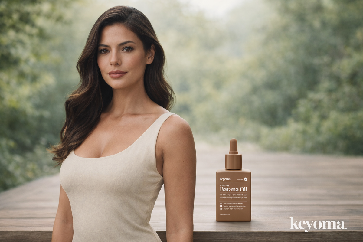 Woman standing near Keyoma batana oil bottle on wooden deck with soft natural outdoor background.