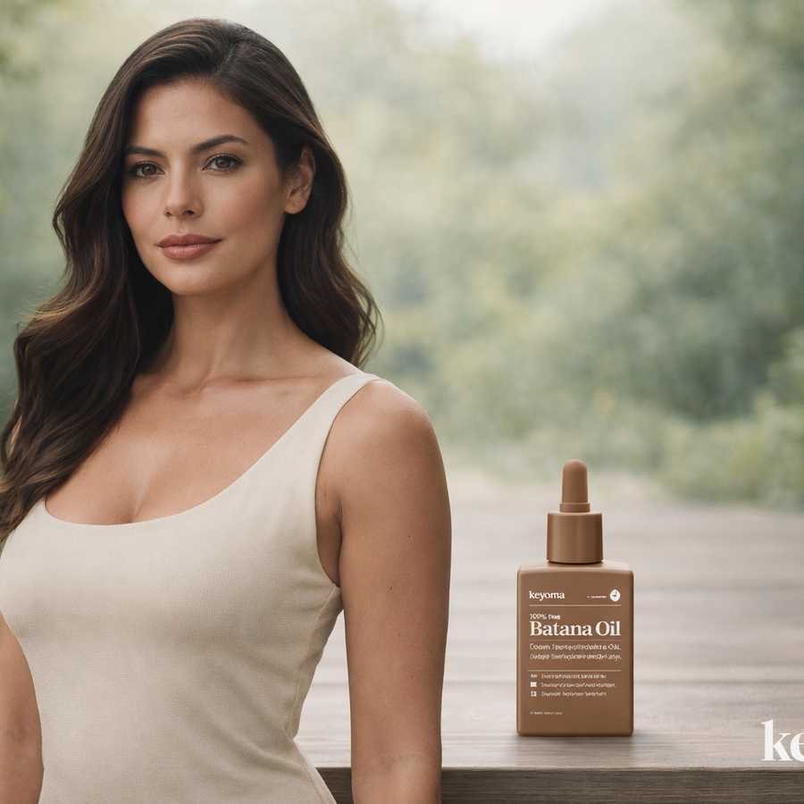 Woman standing near Keyoma batana oil bottle on wooden deck with soft natural outdoor background.