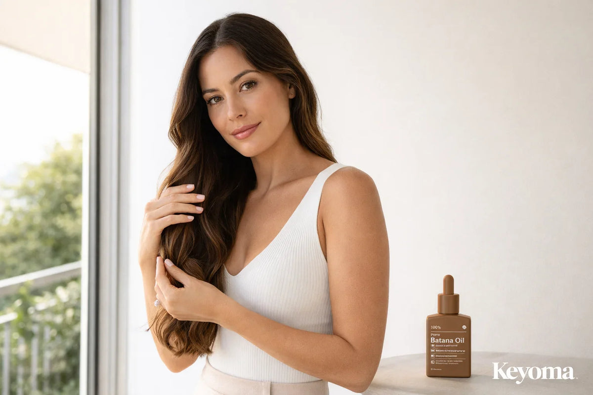 Woman touching long hair near balcony with Keyoma batana oil bottle on table in soft daylight.