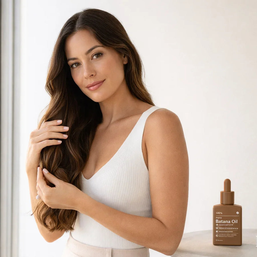 Woman touching long hair near balcony with Keyoma batana oil bottle on table in soft daylight.