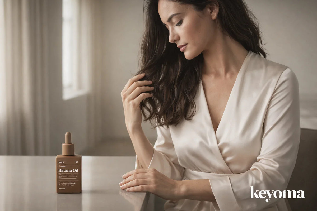 Woman examining hair ends near batana oil bottle in soft window light indoor setting.