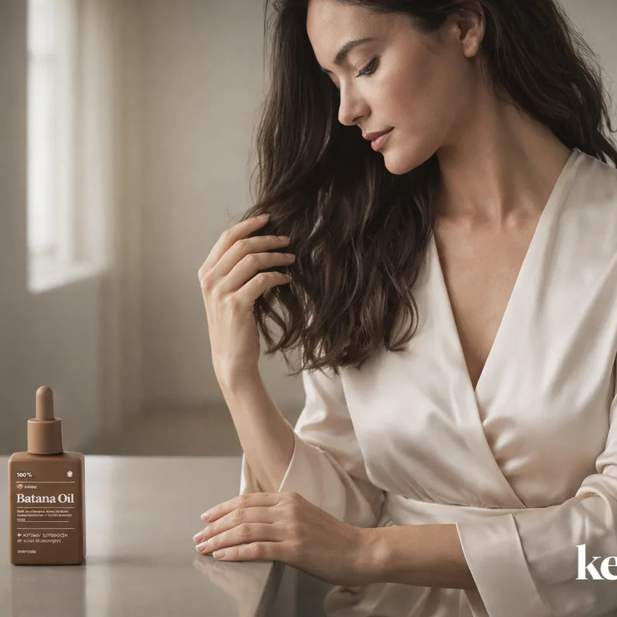 Woman examining hair ends near batana oil bottle in soft window light indoor setting.
