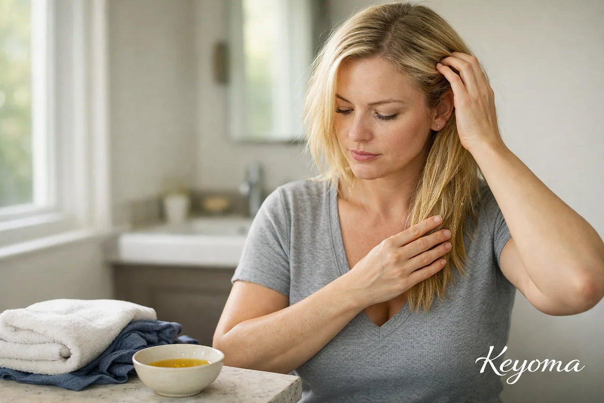 Woman touching blonde hair beside oil bowl at bathroom vanity with Keyoma watermark visible.