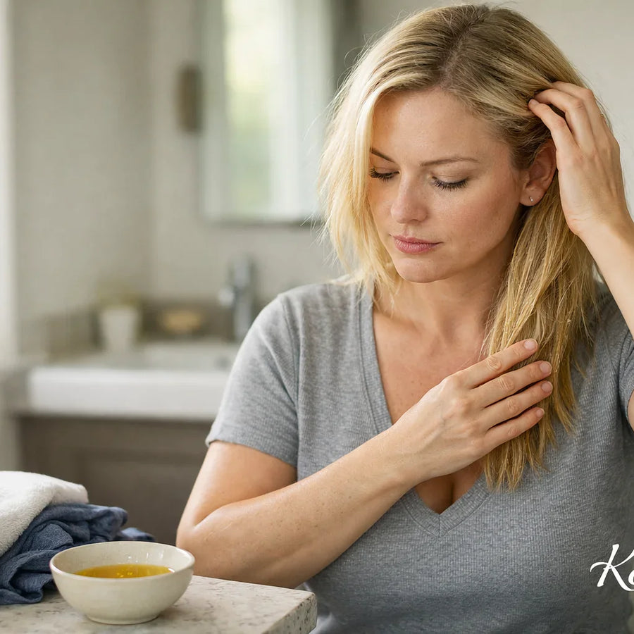Woman touching blonde hair beside oil bowl at bathroom vanity with Keyoma watermark visible.