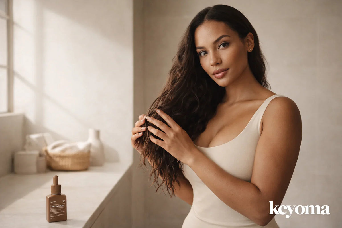 Woman touching long wavy hair beside a vanity counter with a Keyoma oil bottle in a softly lit bathroom.