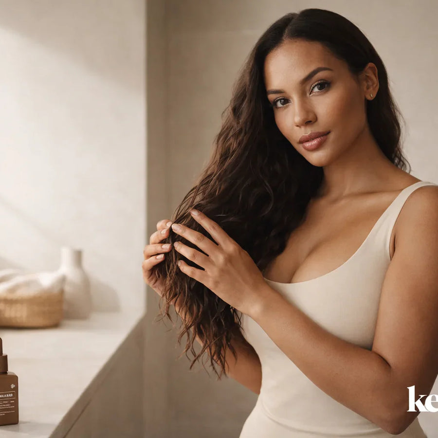 Woman touching long wavy hair beside a vanity counter with a Keyoma oil bottle in a softly lit bathroom.