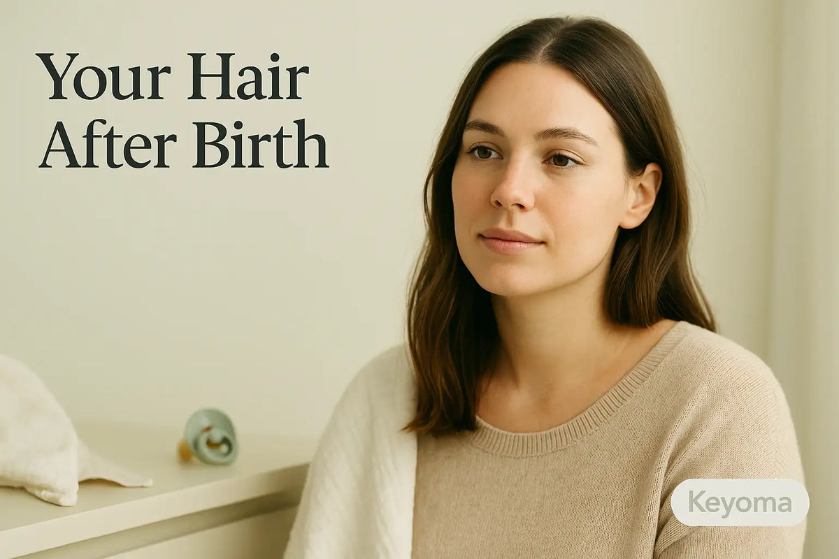 A calm new mom sits by a window in a beige sweater beside a pacifier with the headline “Your Hair After Birth,” serving as a gentle Keyoma cover image introducing postpartum hair changes.