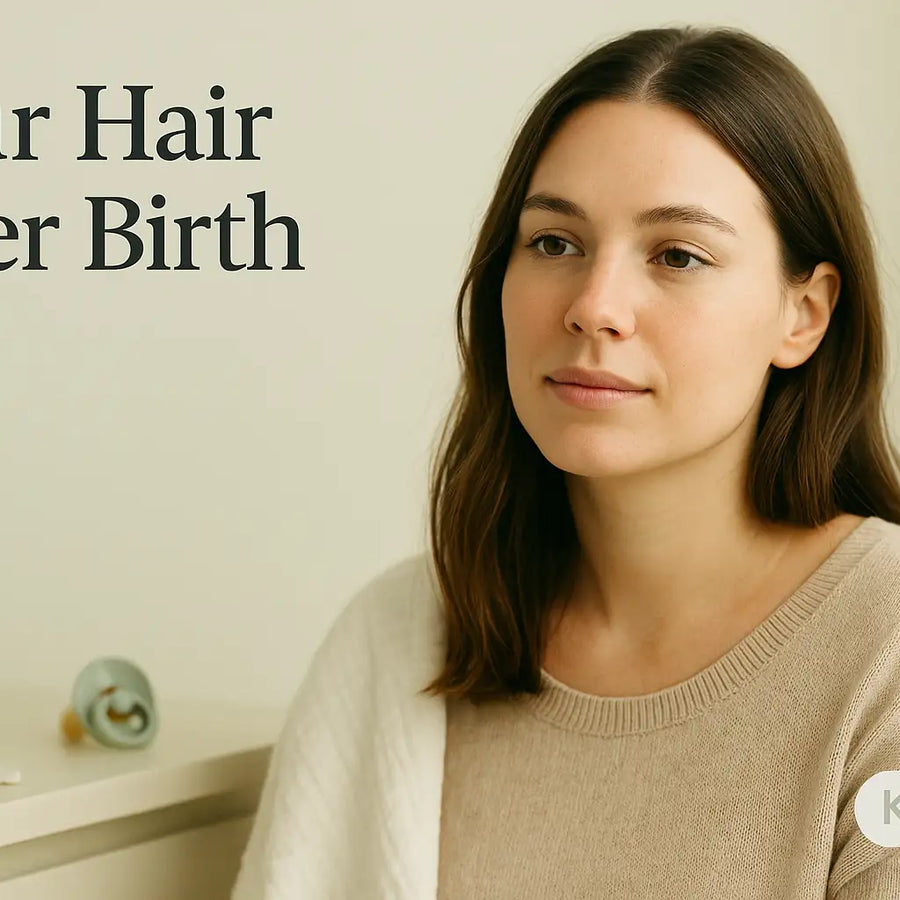 A calm new mom sits by a window in a beige sweater beside a pacifier with the headline “Your Hair After Birth,” serving as a gentle Keyoma cover image introducing postpartum hair changes.