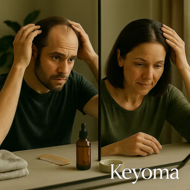 A man and woman look closely in the mirror at signs of hair thinning, symbolizing shared concerns that Keyoma addresses with natural hair wellness support.