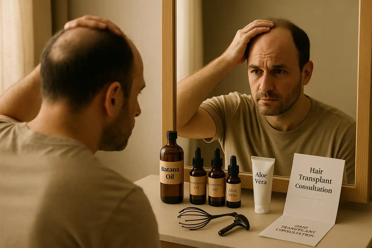 A man with a receding hairline looks at himself in the mirror beside Keyoma-labeled batana oil, aloe vera, and scalp tools, showing a moment of hair loss reflection and choice.