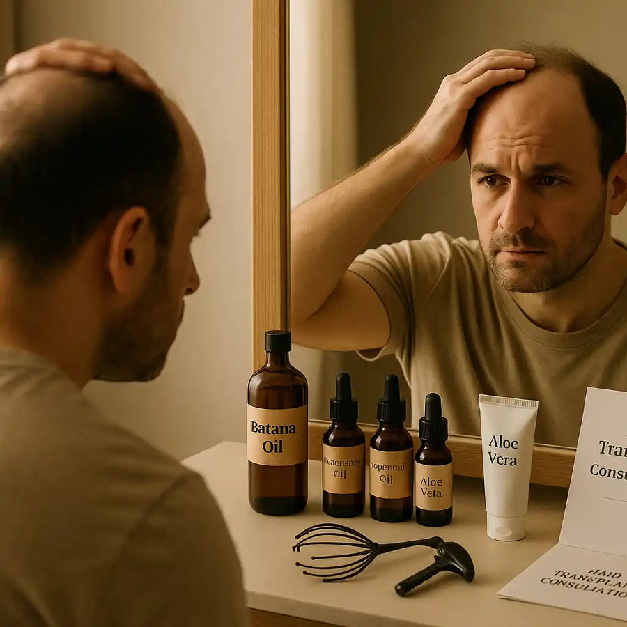 A man with a receding hairline looks at himself in the mirror beside Keyoma-labeled batana oil, aloe vera, and scalp tools, showing a moment of hair loss reflection and choice.