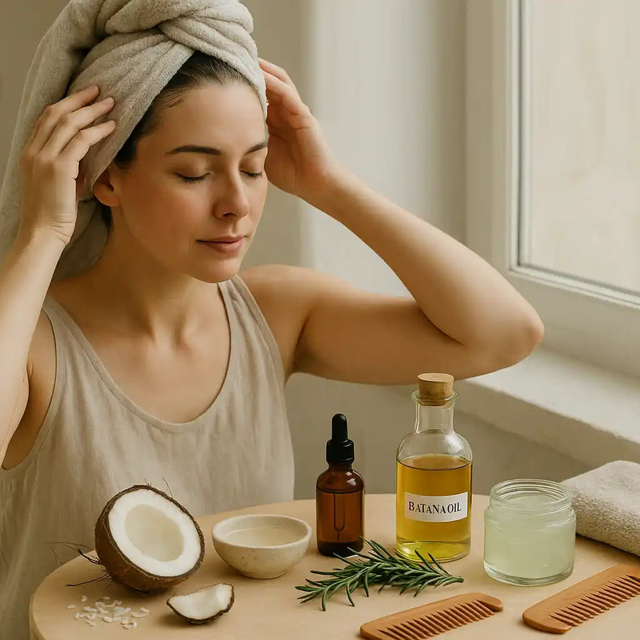 A woman sits by the window with a towel wrapped around her head, preparing for a nourishing hair routine using Keyoma’s Batana Oil and other natural ingredients like coconut and rosemary.