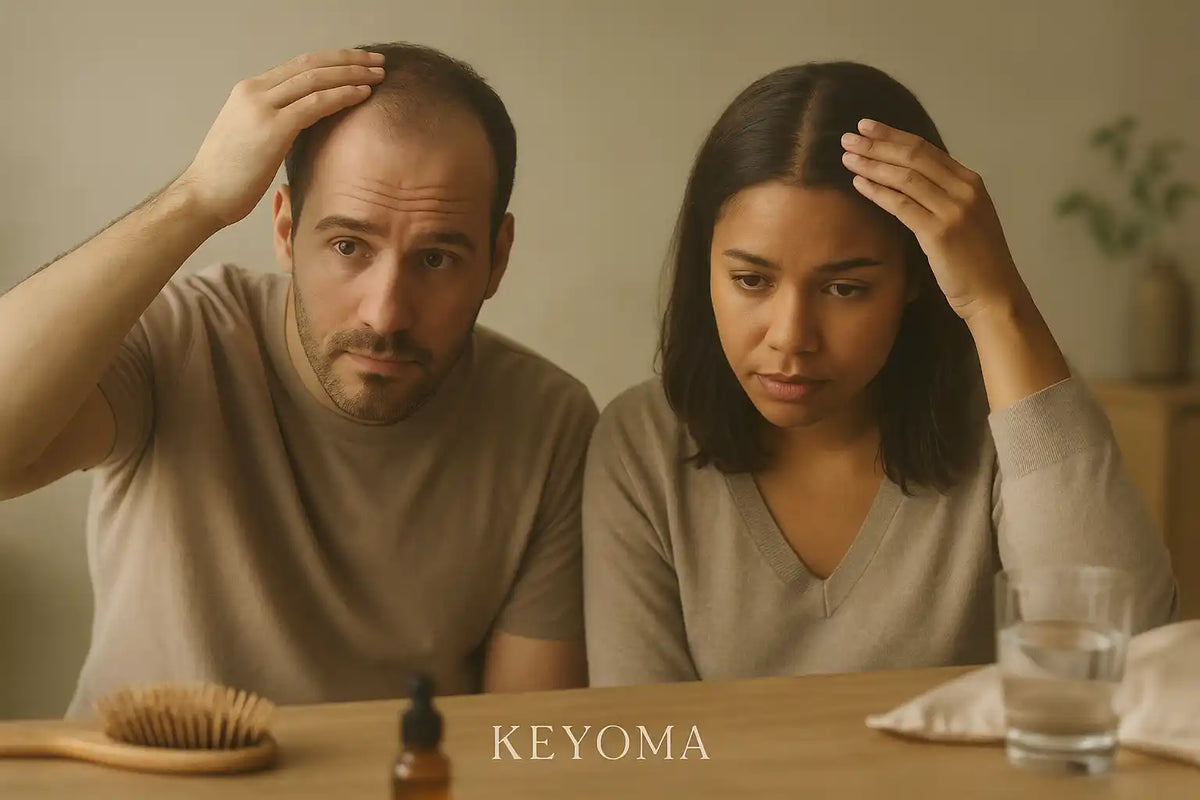 A man and woman sit side by side, gently checking their scalp for signs of hair loss while using Keyoma products as part of their hair care routine.