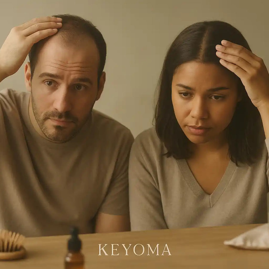 A man and woman sit side by side, gently checking their scalp for signs of hair loss while using Keyoma products as part of their hair care routine.
