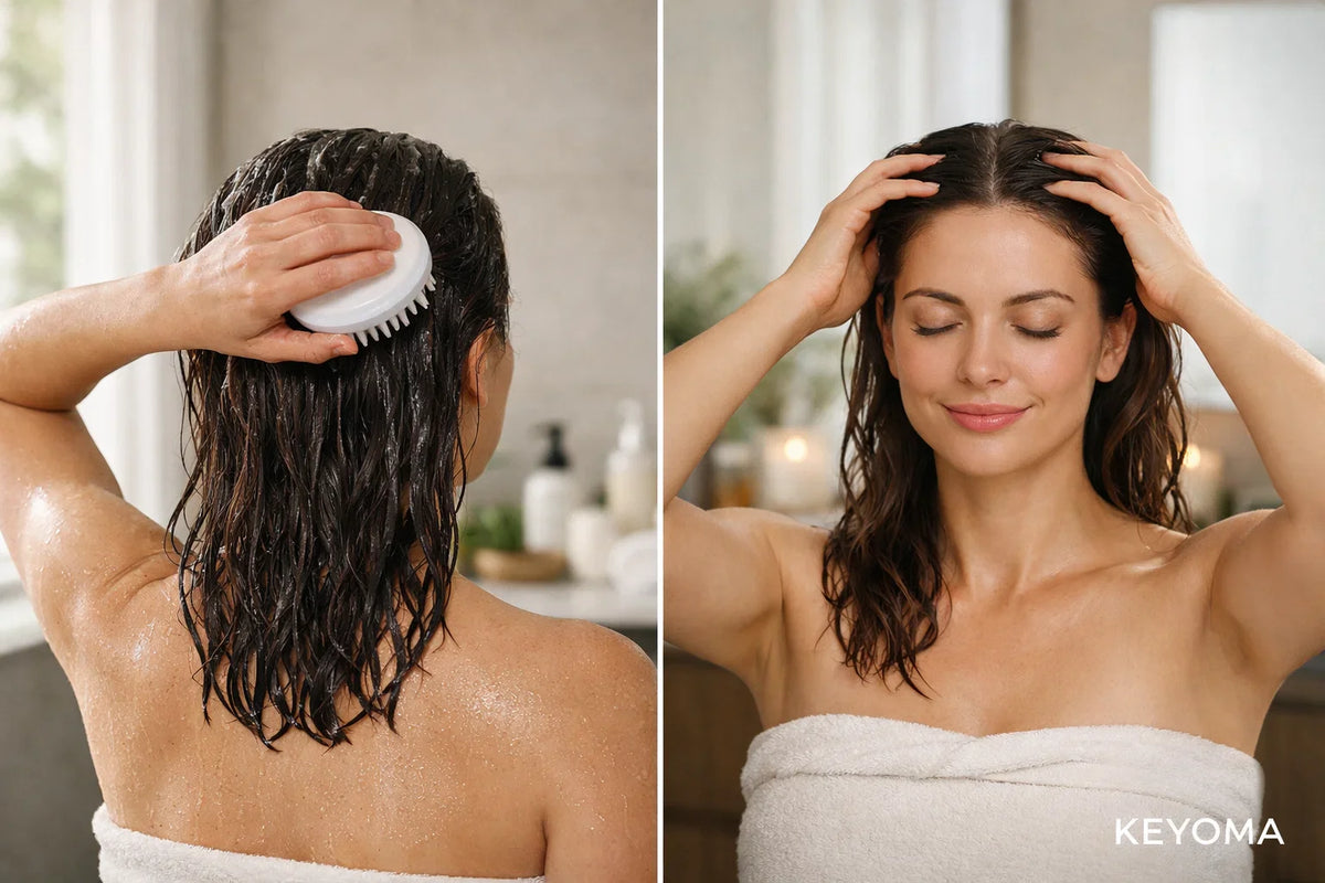 Scalp exfoliation vs scalp massage split image showing brush scrubbing scalp and woman massaging wet hair in shower.