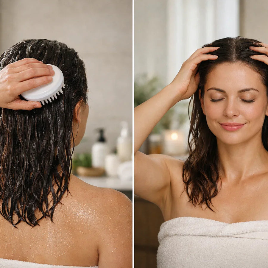 Scalp exfoliation vs scalp massage split image showing brush scrubbing scalp and woman massaging wet hair in shower.