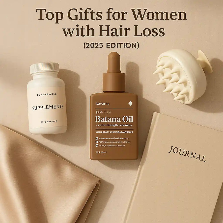 Flat lay showing thoughtful hair gifts for women in 2025, featuring Keyoma products