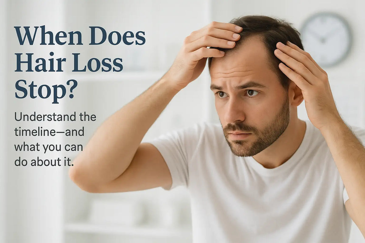 A man closely inspecting his receding hairline in the mirror, illustrating concerns about hair loss; the image is used by Keyoma to discuss hair loss timelines and solutions.