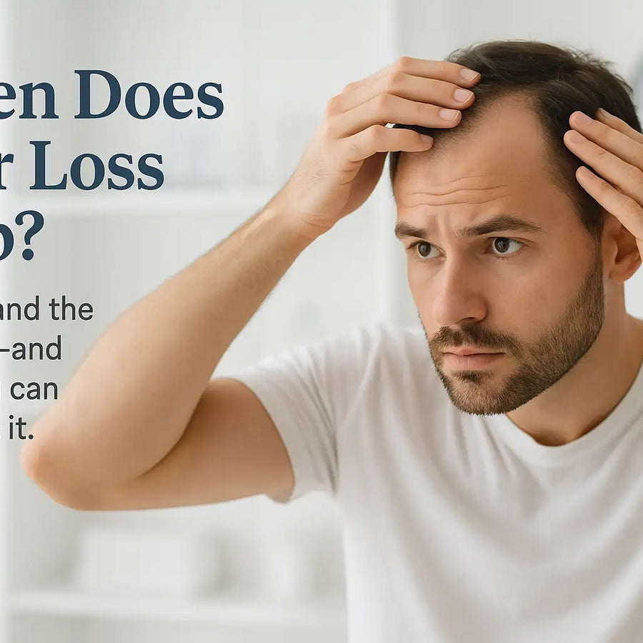 A man closely inspecting his receding hairline in the mirror, illustrating concerns about hair loss; the image is used by Keyoma to discuss hair loss timelines and solutions.