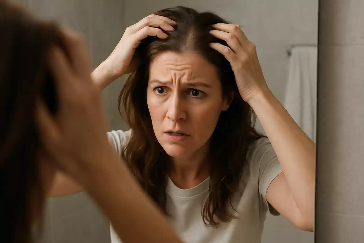 Concerned woman checking thinning hair at the mirror, highlighting early signs of hair loss Keyoma addresses