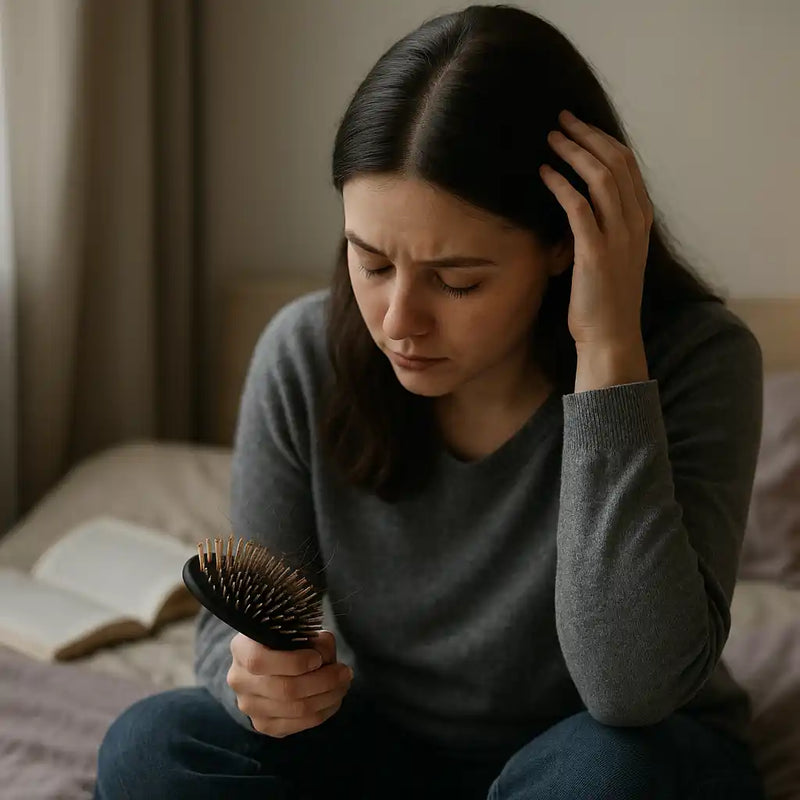 A realistic Keyoma Health photo of a woman sitting on her bed, examining hair in her brush with a concerned expression, illustrating emotional impact of hair thinning.